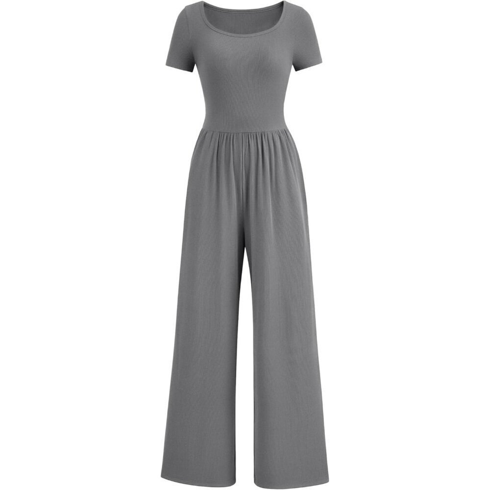 Women's Grey Summer Short Sleeve Square Neck Wide Leg Rompers Jumpsuits - Picture 1 of 8